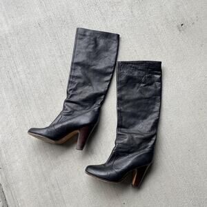 vintage black leather knee high heeled boot